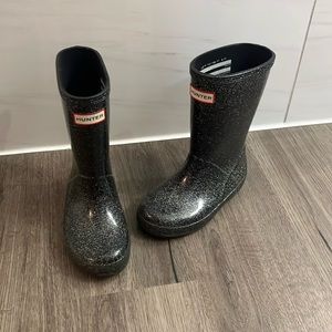 Black with sparkles child Hunter Boots size 10.